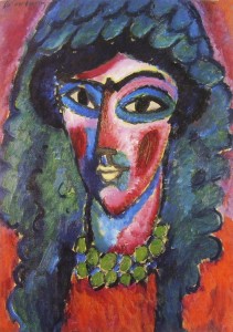 Alexej Von Jawlensky: Testa in rosso cupo e verde (La mantilla), anno 1913, olio su cartone, 68 x 49,3 cm. Collezione privata.